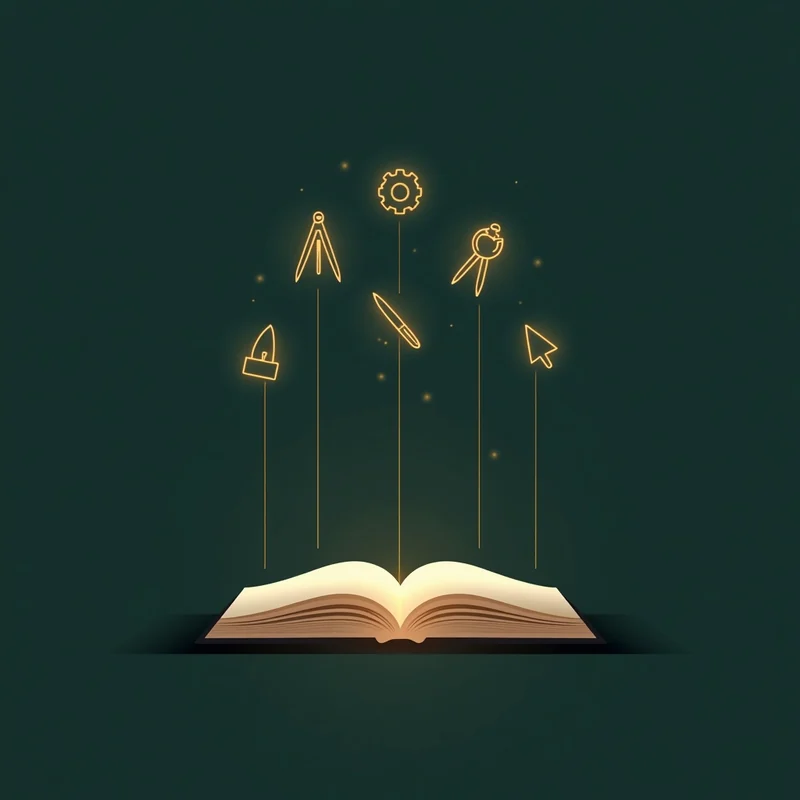 Инструменты и курсор, поднимающиеся из раскрытой книги