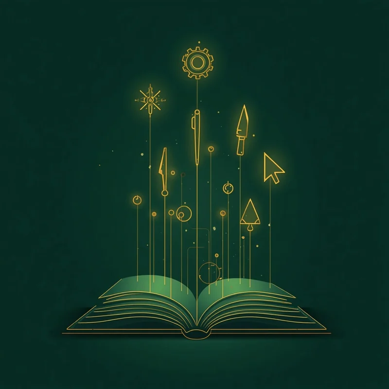 Из раскрытой книги поднимаются шестерёнка, циркуль, резец и мастерок
