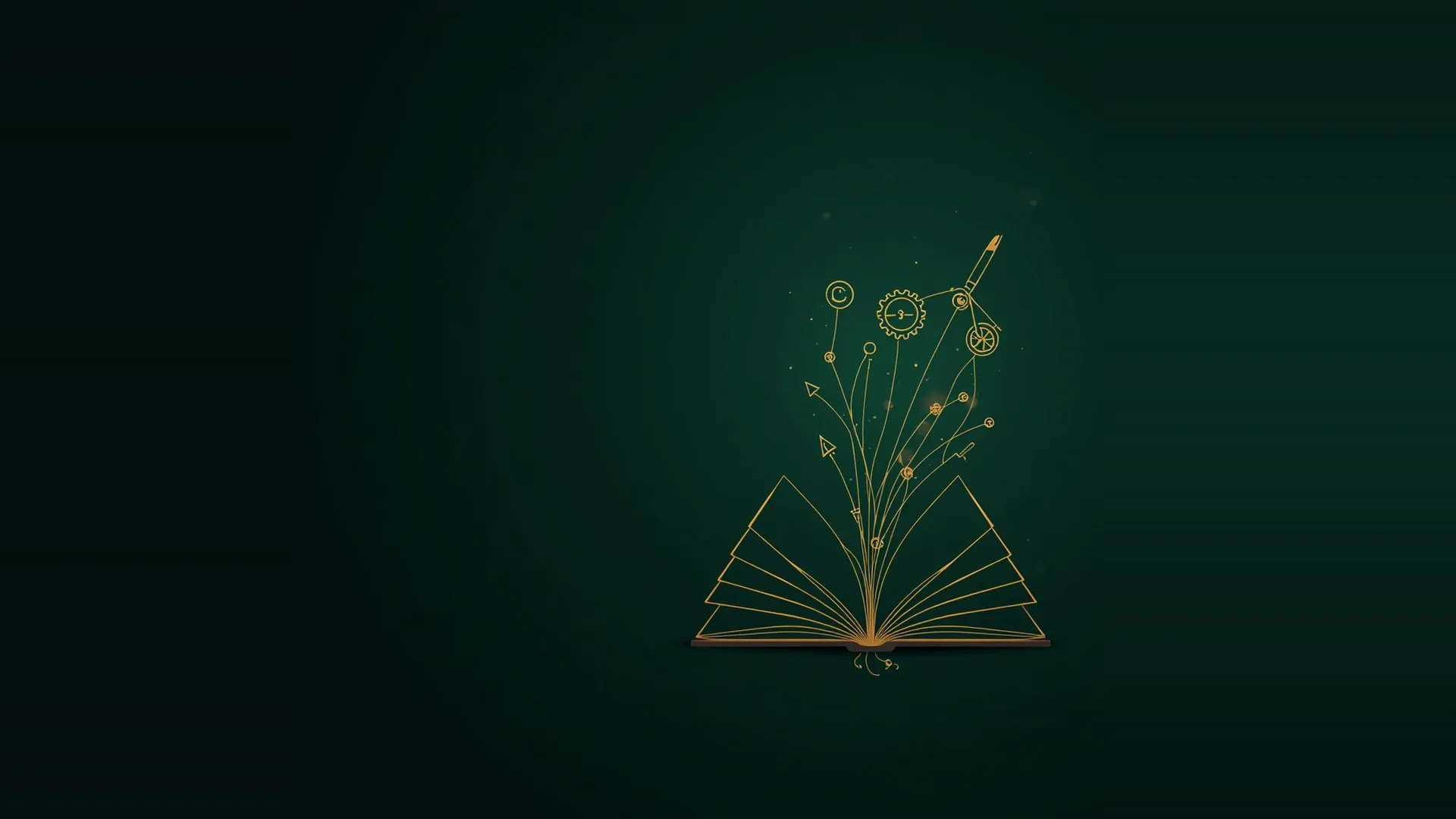 Раскрытая книга, из страниц которой поднимаются золотые чертёжные и рабочие инструменты
